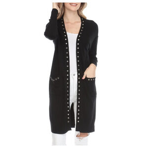 Women's Black Duster Cardigan Size M Grommet Trim Rain+Rose NWT